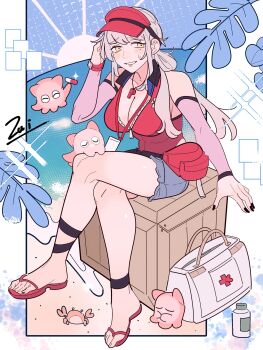 1girl absurdres bag bare_legs beach black_nails blue_shorts blush box breasts cleavage collarbone commentary_request crab crate crossed_legs denim denim_shorts eleven_(path_to_nowhere) fanny_pack first_aid_kit flip-flops from_side full_body ghost highres id_card knee_blush lanyard large_breasts looking_at_viewer looking_to_the_side lotion_bottle mole mole_under_eye nail_polish official_alternate_costume on_box one-piece_swimsuit path_to_nowhere pill pink_arm_warmers red_one-piece_swimsuit red_sandals sandals shorts sitting sitting_on_box solo swimsuit toes visor_cap watch whistle whistle_around_neck white_bag wristwatch yellow_eyes zui_(zuihitu)