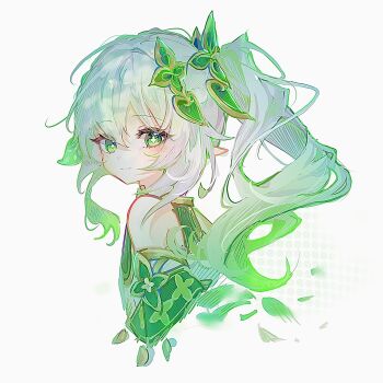 1girl blush closed_mouth commentary cropped_shoulders cross-shaped_pupils detached_sleeves from_side genshin_impact green_eyes green_hair green_sleeves hair_between_eyes hair_ornament hashtag-only_commentary highres leaf_hair_ornament long_hair looking_at_viewer looking_to_the_side multicolored_hair nahida_(genshin_impact) pointy_ears ri_pi_o side_ponytail simple_background sleeveless smile solo symbol-shaped_pupils twitter_username white_background white_hair