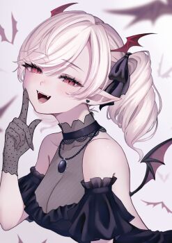 Rule 34 | 1girl, absurdres, amanegi toro, bare shoulders, bat wings, breasts, cleavage, commentary request, fang, fishnet gloves, fishnets, gloves, hair ornament, highres, jewelry, looking at viewer, medium breasts, mini wings, necklace, open mouth, original, red eyes, slit pupils, smile, solo, vampire, white hair, wing hair ornament, wings