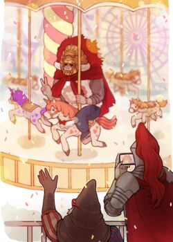 3boys amusement_park armor beard cape carousel colored_skin confetti crest donar0217 elden_ring facial_hair fake_horns fake_phone_screenshot fake_screenshot fromsoftware gauntlets gloves grey_skin guard_rail helmet hood horned_helmet horns knight multiple_boys pauldrons phone plate_armor plume red_cape red_hair shoulder_armor starscourge_radahn sunglasses sweater taking_picture theme_park unicorn waving
