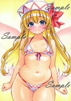 1girl alternate_costume bikini blonde_hair bow breasts closed_mouth commentary_request fairy fairy_wings groin hat hat_bow lily_white long_hair looking_at_viewer miyakooo0420 navel purple_eyes red_bow sample_watermark small_breasts smile solo stomach swimsuit touhou traditional_media very_long_hair watermark white_bikini white_hat wings