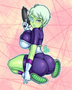 1girl alternate_breast_size_(larger) armor ass blush bodysuit breastplate breasts cheelai colored_skin dimples_of_venus dragon_ball dragon_ball_super energy_gun female_focus full_body gloves green_skin gun highres holding holding_gun holding_weapon huge_ass huge_breasts kneeling looking_at_viewer looking_back pink_eyes rabbitslides ray_gun scouter shiny_clothes shiny_skin short_hair skin_tight skindentation solo thick_thighs thighs weapon wide_hips