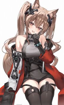 1girl :d absurdres angelina_(arknights) animal_ear_fluff animal_ears arknights arknights:_endfield bare_shoulders black_dress black_gloves black_thighhighs blush bracelet breasts brown_eyes brown_hair coat commentary_request diamond-shaped_pupils diamond_(shape) dot_nose double-parted_bangs dress elbow_gloves fox_ears fox_girl fox_tail gilberta_(arknights) gloves hair_between_eyes highres impossible_clothes impossible_dress infection_monitor_(arknights) jewelry long_hair long_sleeves looking_at_viewer medium_breasts nagine off_shoulder open_clothes open_coat open_mouth outdoors pointing pointing_up red_coat red_eyes short_dress sitting sleeveless sleeveless_dress smile solo symbol-shaped_pupils tail tail_raised thighhighs twintails white_background zettai_ryouiki