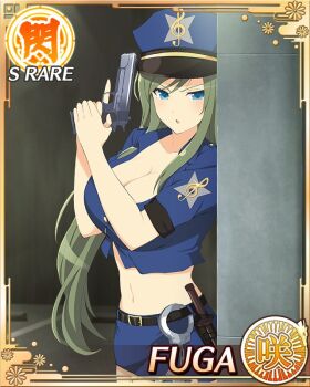 1girl :o baton_(weapon) blue_eyes border breasts card_(medium) character_name cleavage crop_top cuffs english_text fuga_(senran_kagura) game_cg green_hair gun handcuffs handgun hat holding holding_gun holding_weapon large_breasts long_sleeves looking_at_viewer mole mole_under_eye navel official_alternate_costume official_art peaked_cap pencil_skirt police police_badge police_hat police_uniform policewoman senran_kagura senran_kagura_new_wave skirt solo swept_bangs taking_cover treble_clef trigger_discipline weapon