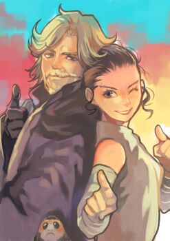 Rule 34 | 1boy, 1girl, blue eyes, looking at viewer, luke skywalker, porg, rey (star wars), smile, star wars, star wars: the last jedi, tagme