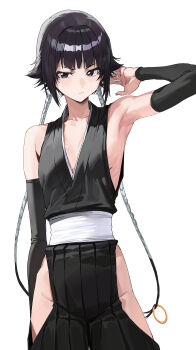 1girl armpits black_eyes black_hakama black_kimono bleach breasts chinese_commentary commentary_request detached_sleeves hakama highres japanese_clothes kimono long_hair looking_at_viewer shiliu_xian_xian_xian sideboob sideless_kimono simple_background small_breasts solo sui-feng very_long_hair white_background