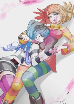 2girls alice_(alt-girl_for_skuf) alt-girl_for_skuf alternate_costume amemiya_darumi artist_request blood blood_on_face blue_hair highres holding holding_knife knife multiple_girls non-web_source orange_hair rivdevy source_request the_hundred_line_-last_defense_academy- thighhighs yuri
