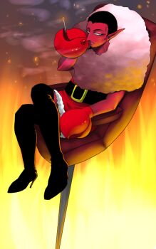 1boy black_eyes black_hair black_thighhighs boots chair cigarette colored_skin commentary crab_claw crossed_legs demon demon_boy dress end-highrow facial_hair fire fur_trim goatee hell him_(powerpuff_girls) holding holding_cigarette looking_at_viewer male_focus on_chair pink_fur pointy_ears powerpuff_girls red_dress red_skin sitting smoke solo solo_focus thigh_boots thighhighs widow's_peak