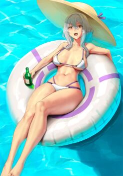 1girl bare_shoulders bikini blush bottle breasts brown_eyes cleavage commentary english_commentary eu03 goddess_of_victory:_nikke grey_hair hat highres innertube jingasa large_breasts long_hair looking_at_viewer navel open_mouth scarlet_(nikke) sidelocks smile solo swim_ring swimsuit water white_bikini