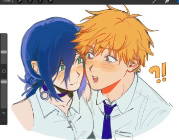 !? 1boy 1girl art_program_in_frame blonde_hair blue_choker blue_hair blue_necktie blush breasts chainsaw_man choker closed_mouth collared_shirt denji_(chainsaw_man) green_eyes grenade_pin hair_between_eyes hair_bun hetero highres light_smile looking_at_another medium_breasts medium_hair necktie open_mouth red_eyes reze_(chainsaw_man) sevenreii sharp_teeth shirt short_hair sleeveless sleeveless_shirt teeth updo white_background white_shirt