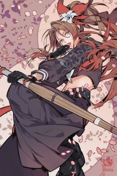 Rule 34 | 1girl, aerith gainsborough, aerith gainsborough (midgard seventh high school), belt, black gloves, black shirt, black shoes, black skirt, bracelet, brown hair, candy, cherry blossoms, colored tips, crop top, delinquent, falling petals, final fantasy, final fantasy vii, final fantasy vii: ever crisis, flower, food, gloves, green eyes, grey neckerchief, hair between eyes, hair flower, hair ornament, hair ribbon, highres, holding, holding candy, holding food, holding lollipop, holding staff, ippus, jewelry, lollipop, long hair, long skirt, midriff, multicolored hair, multiple bracelets, navel, neckerchief, official alternate costume, official alternate hairstyle, open mouth, parted bangs, petals, pink petals, ponytail, red hair, red ribbon, ribbon, shirt, shoes, sidelocks, skirt, solo, staff, studded belt, sukeban, twitter username, white flower