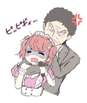 1boy 1girl ai_scream!_(love_live!) animification arm_around_neck black_hair black_jacket blush buttons choke_hold commentary_request cropped_torso double-breasted dress furihata_ai hair_ribbon headlock jacket kurosawa_ruby love_live! love_live!_sunshine!! maid maid_headdress official_alternate_costume open_mouth photo-referenced pink_dress puffy_short_sleeves puffy_sleeves real_life red_hair ribbon shaded_face short_hair short_sleeves simple_background strangling subayuu_(my5hadtv1abyku9) suit_jacket two_side_up v-shaped_eyebrows v-shaped_eyes very_short_hair voice_actor_connection white_background white_ribbon