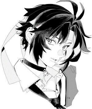 1boy absurdres antenna_hair asaba_harumasa choker cropped_shoulders greyscale headband highres looking_to_the_side male_focus monochrome open_collar parted_bangs parted_lips pd_honey portrait short_hair sideways_glance simple_background smile solo white_background wing_collar zenless_zone_zero