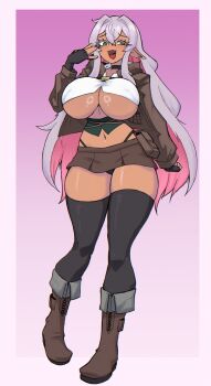 1girl :d black_gloves black_panties black_thighhighs boots borrowed_character breasts brown_boots brown_jacket brown_skirt choker colored_inner_hair cropped_shirt dark-skinned_female dark_skin doce fang female_focus fingerless_gloves full_body gloves gradient_background green_eyes hair_between_eyes hair_intakes hand_to_own_mouth highres jacket large_breasts looking_at_viewer microskirt midriff multicolored_hair navel open_clothes open_jacket open_mouth original panties pink_background pink_hair pointy_ears saliva shirt skin_fang skirt smile solo thighhighs thighs tongue underboob underwear veridi_(dazorelle) white_hair white_shirt