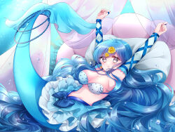 Rule 34 | 1girl, :o, air bubble, armpits, arms up, bare shoulders, bikini, blue bow, blue eyes, blue hair, blue skirt, bow, breasts, bubble, cleavage, commentary request, commission, detached sleeves, earrings, flower, full body, hair flower, hair ornament, highres, houshou hanon, houshou hanon (mermaid), jewelry, large breasts, layered skirt, long hair, looking at viewer, lying, mermaid, mermaid melody pichi pichi pitch, midriff, monster girl, navel, necklace, on back, open mouth, pillow, polka dot, polka dot bikini, shell, shell bikini, shell necklace, sidelocks, signature, skeb commission, skirt, solo, star (symbol), star earrings, strapless, strapless bikini, swept bangs, swimsuit, tail, tail ornament, tail raised, underwater, very long hair, wavy hair, yuzuca (trickster4594)