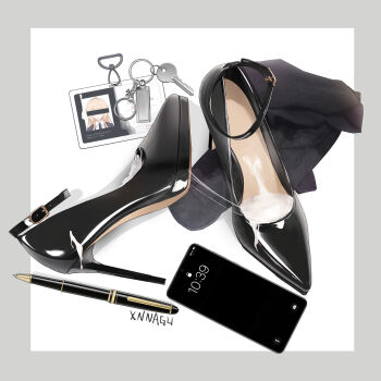 1girl artist_name bar_censor black_footwear blonde_hair border cellphone censored censored_identity cuffs cum cum_on_body cum_on_clothes cum_on_feet grey_border handcuffs high_heels highres id_card lanyard no_humans pen pencil phone photo_(object) shoes simple_background smartphone stiletto_heels still_life unworn_shoes white_background xnnagu