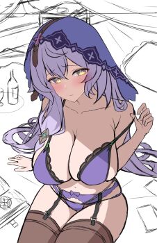 Rule 34 | 1girl, akatana (ewokakitaindes), arm support, arm up, armpit crease, bare shoulders, black garter straps, black swan (honkai: star rail), blush, bow, bow garter belt, bra, bra pull, breasts, cleavage, clothes pull, collarbone, commentary request, from above, garter straps, hair between eyes, hair spread out, highres, honkai: star rail, honkai (series), lace, lace-trimmed bra, lace trim, large breasts, lingerie, long hair, looking at viewer, navel, panties, pulling own clothes, purple bra, purple garter belt, purple hair, purple panties, purple veil, simple background, sitting, skindentation, solo, solo focus, stomach, strap lift, strap pull, thick thighs, thighhighs, thighs, thong, underwear, unfinished, veil, very long hair, yellow eyes