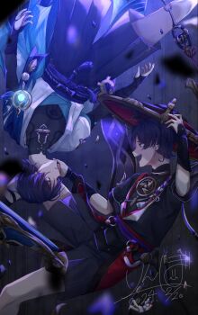 2boys anemo_symbol_(genshin_impact) armor arms_at_sides belt black_belt black_bodysuit black_bow black_bridal_gauntlets black_hair black_hat black_kimono black_mask black_shorts black_sleeves blue_cape blue_hat blue_jingasa blue_kimono blue_sleeves blunt_ends bodysuit bow bridal_gauntlets cable cape commentary_request covered_collarbone doll dual_persona falling feathers fingernails genshin_impact glowing_gem glowing_object gnosis_(genshin_impact) gold hakama hakama_shorts hand_on_another's_face hand_up hat highres japanese_armor japanese_clothes jewelry jingasa juban kimono kote kurokote layered_sleeves looking_at_another mandarin_collar mask mask_on_hat mitsudomoe_(shape) multiple_boys neck_ring o-ring open_clothes open_kimono open_mouth parted_lips pleated_shorts pom_pom_(clothes) purple_eyes purple_rope purple_sash purple_sleeves red_hat red_kimono red_sash rinbo_7140 rope rubble sash scaramouche_(genshin_impact) shimenawa short_sleeves shorts shoulder_peek side_cape tassel teeth tomoe_(symbol) two-tone_hat unworn_hat unworn_headwear upper_teeth_only upside-down vision_(genshin_impact) wanderer_(genshin_impact) white_kimono white_mouth white_rope white_sleeves white_trim yellow_feathers