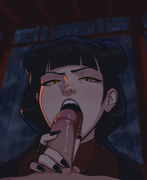 1girl avatar:_the_last_airbender avatar_legends black_hair black_nails commentary double_bun english_commentary fellatio fingernails hair_bun highres long_fingernails looking_at_viewer mai_(avatar) mrstranger oral penis tongue tongue_out uncensored yellow_eyes