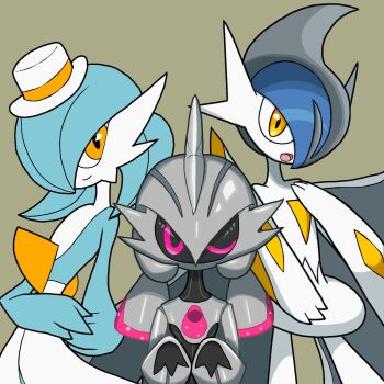 1other 2boys alternate_color black_sclera black_skin blue_hair blue_skin bob_cut brown_background closed_mouth clothed_pokemon colored_sclera colored_skin cowboy_shot gallade gardevoir gen_3_pokemon gen_4_pokemon grey_hair grey_skin hair_between_eyes hair_over_one_eye hand_on_own_chest hand_up hands_up happy hat highres humanoid_robot iron_valiant looking_at_viewer medium_hair mega_gallade mega_pokemon mini_hat mini_top_hat mohawk monya multicolored_hair multicolored_skin multiple_boys nintendo one_eye_closed one_eye_covered open_mouth orange_eyes own_hands_together pink_eyes pink_hair pokemon pokemon_(creature) robot shiny_pokemon short_hair simple_background smile standing straight-on top_hat trap twintails two-tone_hair two-tone_skin upper_body white_hat white_skin wink
