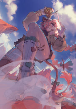 1girl absurdres ahoge animal_ears blue_sky bow burger commentary_request cow_ears cow_tail day food from_below genshin_impact highres holding holding_burger holding_food long_hair long_sleeves miniskirt open_mouth pink_hair puffy_long_sleeves puffy_sleeves skirt sky socks solo tail tail_bow tail_ornament varesa_(genshin_impact) white_socks yu_hydra