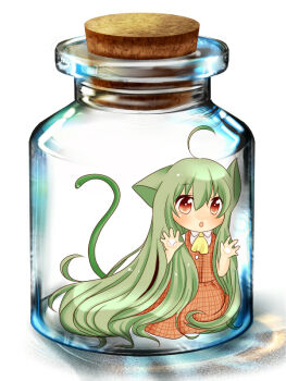 1girl 3d against_glass ahoge alternate_hairstyle animal_ears ascot bottle bottle_meme_(pixiv) brown_eyes cat_ears cat_girl cat_tail chibi child cocoa_(artist) female_focus girl_in_bottle green_hair in_bottle in_container kazami_yuuka kazami_yuuka_(pc-98) kemonomimi_mode long_hair plaid_clothes plaid_skirt plaid_vest shii_(cocoa) simple_background skirt skirt_set solo tail touhou very_long_hair vest