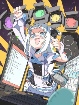 1girl alarm_clock asymmetrical_clothes asymmetrical_sleeves bird blue_eyes blue_streaks blunt_bangs chat_log chicken clock computer_keyboard cup digital_clock fang fins fish_tail frilled_wristband from_below gawr_gura gawr_gura_(3d_idol_costume) hair_ribbon highres holding holding_microphone hololive hololive_english looking_at_viewer microphone midriff_peek monitor multicolored_hair multicolored_shirt multicolored_skirt multiple_monitors official_alternate_costume plaid_clothes raised_fist ribbon shark_girl shark_tail shirt shrimp skin_fang skirt soriumumik88413 sparkling_eyes speaker stage_lights tail through_medium through_screen two-tone_hair two_side_up virtual_youtuber white_hair white_shirt white_skirt