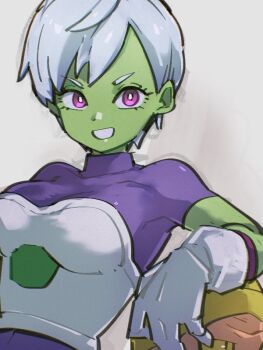 1boy 1girl bah_(dragon_ball) bodysuit breasts cheelai colored_skin dragon_ball dragon_ball_super dragon_ball_super_broly gloves green_skin grey_background kemachiku looking_at_viewer medium_breasts pink_eyes purple_bodysuit short_hair sketch smile white_gloves white_hair