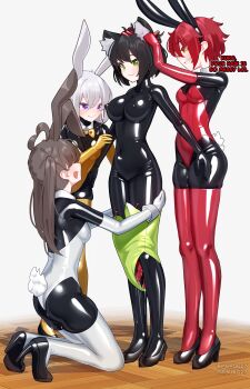 animal_costume animal_ears bdsm black_hair bodysuit bow bowtie brown_hair commentary english_commentary fake_animal_ears gloves green_eyes high_heels latex latex_bodysuit latex_gloves latex_leotard latex_thighhighs leotard living_clothes long_hair maguro27 mary_janes multiple_girls purple_eyes rabbit_costume rabbit_ears red_hair shoes short_hair thighhighs white_hair yellow_eyes