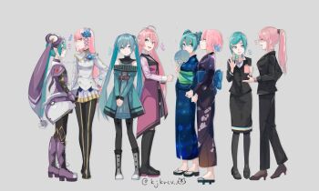 2girls :d akatsuki_arrival_(vocaloid) antenna_hair aqua_eyes aqua_hair aqua_nails hatsune_miku_(avant-garde) black_footwear black_pantyhose blue_kimono blue_nails blush boots brown_footwear commentary_request cosplay double_bun dress flight_attendant hatsune_miku_(fonewearl_style) full_body geta green_eyes grey_background hair_bun hair_ornament hatsune_miku high_heels highres holding_hands japanese_clothes kimono lady-ichiko megurine_luka multiple_girls multiple_views nagisa_(phantasy_star) nagisa_(psp2i)_(cosplay) nail_polish obi official_alternate_costume official_alternate_hairstyle open_mouth pantyhose phantasy_star phantasy_star_portable_2 phantasy_star_portable_2_infinity pink_hair pointy_ears ponytail project_diva_(series) project_diva_extend project_diva_f project_diva_f_2nd purple_footwear purple_kimono megurine_luka_(recruiter) sash simple_background smile sparkle megurine_luka_(successor) teeth travel_attendant twintails twitter_username upper_teeth_only vocaloid wiola_magica yukata