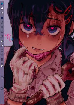 1girl absurdres art_program_in_frame black_hair blood blood_on_clothes blood_on_face bloody_weapon blush buttons chainsaw_man chinese_commentary commentary_request dripping_eye gloves hair_between_eyes hair_ornament hairclip heart heart-shaped_pupils higashiyama_kobeni highres holding holding_wrench looking_at_viewer mask mole mole_under_eye mole_under_mouth mouth_mask nervous pink_shirt ponytail qq_tatsumi round_collar shirt solo surgical_mask symbol-shaped_pupils unworn_mask upper_body weapon white_gloves wrench