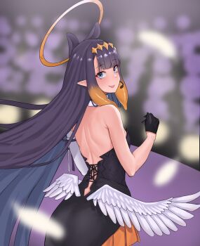 1girl back black_collar black_dress black_gloves blue_eyes blunt_bangs blurry blurry_background blurry_foreground center-flap_bangs collar commentary concert depth_of_field detached_sleeves diamond_hairband dress english_commentary feathered_wings from_behind fur-trimmed_collar fur_trim gloves gold_hairband gradient_hair hairband half_gloves halo headset highres hololive hololive_english long_hair looking_at_viewer looking_back low_wings median_furrow miniskirt multicolored_hair ninomae_ina'nis ninomae_ina'nis_(1st_costume) open_mouth orange_hair orange_skirt pleated_skirt pointy_ears purple_hair ranox short_dress shoulder_blades sidelocks single_detached_sleeve skirt skirt_under_dress smile solo straight_hair strapless strapless_dress tentacle_hair tube_dress very_long_hair virtual_youtuber white_sleeves white_wings wings