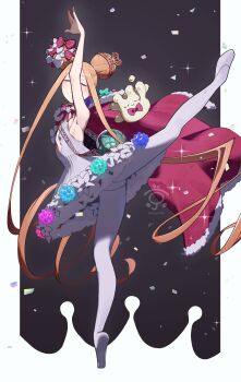 1girl abigail_williams_(fate) abigail_williams_(santa)_(fate) absurdres arm_up bare_shoulders blonde_hair blush cloak closed_eyes dancing double_bun dress en_pointe fate/grand_order fate_(series) flat_chest full_body fur_trim hair_bun highres kyojo128 long_hair pantyhose red_cloak sash solo sparkle stuffed_animal stuffed_toy teddy_bear very_long_hair white_dress white_pantyhose