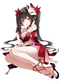 1girl :p bell black_choker black_gloves black_hair blunt_bangs blush breasts choker cleavage commentary criss-cross_halter dress facial_mark feet fox_mask gloves hair_spread_out halterneck hand_up head_tilt highres honkai:_star_rail honkai_(series) japanese_clothes jingle_bell legs long_hair looking_at_viewer mask mask_on_head medium_breasts nail_polish neck_bell obi pink_eyes pointing pointing_at_self print_dress red_dress red_nails sandals sash simple_background single_glove sitting solo sparkle_(honkai:_star_rail) string tassel thighs toenail_polish toenails toes tongue tongue_out twintails very_long_hair white_background yeohye_s2 yokozuwari