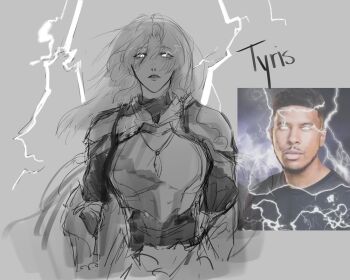 1girl absurdres armor breastplate character_name glowing glowing_eyes greyscale hair_between_eyes highres jewelry lightning logicsterrr long_hair looking_at_viewer low_tier_god meme monochrome parted_lips pendant reference_inset screenshot_inset shadow_slave shoulder_armor solo tyris_(shadow_slave) upper_body very_long_hair wind you_should_kill_yourself_now_(meme)