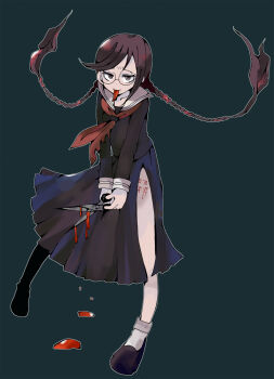 Rule 34 | 1girl, black serafuku, black shirt, black shoes, black skirt, bleeding, blood, blood drip, blood on ground, bloody weapon, braid, brown hair, collared shirt, commentary request, danganronpa: trigger happy havoc, danganronpa (series), eyeko1005, eyelashes, floating hair, fukawa toko, full body, genocider shou, glasses, green background, holding, holding scissors, holding weapon, long hair, long skirt, long sleeves, long tongue, neckerchief, outline, purple eyes, red neckerchief, round eyewear, sailor collar, scar, scar on leg, school uniform, scissors, serafuku, shirt, shoes, simple background, skirt, smile, socks, solo, tally, tongue, tongue out, torn clothes, torn neckerchief, torn skirt, twin braids, twintails, weapon, white outline, white sailor collar, white socks