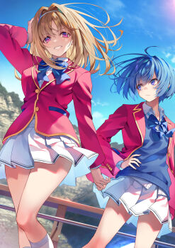 2girls advanced_nurturing_high_school_uniform ahoge arm_up blazer blue_cardigan blue_eyes blue_hair blue_neckerchief blush breasts brown_hair cardigan closed_mouth collared_shirt colorized cover cover_page dot_nose female_focus flat_chest hair_blowing hairband hand_on_own_hip highres ibuki_mio jacket kushida_kikyou large_breasts legs long_sleeves looking_at_viewer looking_to_the_side medium_hair miniskirt multiple_girls neckerchief novel_illustration official_art open_mouth outdoors pink_hair pleated_skirt red_jacket school_uniform shirt shirt_tucked_in shirt_under_sweater short_hair skirt small_breasts smile smirk smug socks teeth thighs tomose_shunsaku white_shirt white_skirt white_socks youkoso_jitsuryoku_shijou_shugi_no_kyoushitsu_e
