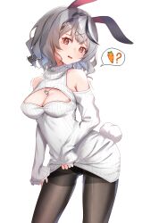 Rule 34 | 1girl, ?, @ @, absurdres, alphaart, animal ears, bare shoulders, black hair, black leotard, black pantyhose, braid, breasts, cleavage, cleavage cutout, clothing cutout, grey hair, hair ornament, highres, hololive, jewelry, large breasts, leotard, long sleeves, looking at viewer, medium hair, multicolored hair, necklace, open mouth, pantyhose, playboy bunny, rabbit ears, rabbit tail, red eyes, sakamata chloe, shoulder cutout, simple background, solo, speech bubble, streaked hair, sweater, tail, tearing up, thighband pantyhose, turtleneck, turtleneck sweater, twitter username, virtual youtuber, white background, white sweater, x hair ornament