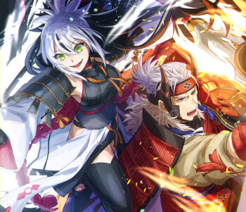 1boy 1girl armor black_hair clothing_cutout commentary_request fake_horns fate/grand_order fate_(series) green_eyes grey_eyes grey_hair high_ponytail hip_vent holding holding_polearm holding_weapon horned_headwear horns japanese_armor kamuinii kote long_hair multicolored_hair nagao_kagetora_(fate) open_mouth polearm ponytail red_armor rope_belt shoulder_armor sode streaked_hair takeda_shingen_(fate) takeda_shingen_(second_ascension)_(fate) teeth thighhighs two-tone_hair uesugi_kenshin_(first_ascension)_(fate) weapon