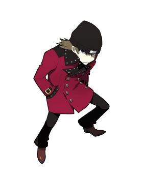 Rule 34 | 1boy, aragaki shinjirou, beanie, black hat, black pants, brown hair, brown shoes, buttons, coat, double-breasted, full body, grey eyes, hands in pockets, hat, highres, lapels, looking at viewer, male focus, notched lapels, official art, oribe hanako, pants, persona, persona 3, persona q: shadow of the labyrinth, persona q (series), red coat, s.e.e.s, scowl, second-party source, shoes, simple background, solo, trench coat, white background