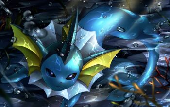 Rule 34 | 8686island, animal focus, blue eyes, blue fur, bubble, cetacean tail, closed mouth, commentary request, fins, fish tail, forked tail, gen 1 pokemon, head fins, nintendo, no humans, pokemon, pokemon (creature), pokemon focus, solo, swimming, tail, underwater, vaporeon