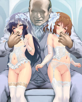 1boy 2girls akatsuki_(kancolle) alternate_costume blush breasts bridal_veil brown_eyes brown_hair censored commentary_request commission dress finger_in_another's_mouth flat_chest frills funitarefu garter_belt garter_straps groin hair_ornament hairclip highres ikazuchi_(kancolle) kantai_collection loli long_sleeves molestation mosaic_censoring multiple_girls nipples pixiv_commission purple_eyes purple_hair pussy pussy_juice revealing_clothes saliva thighhighs ugly_bastard veil wedding_dress white_garter_belt white_garter_straps white_thighhighs