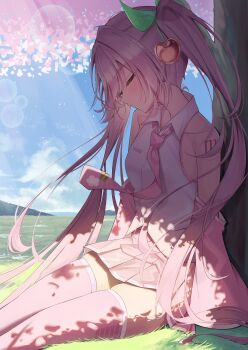 1girl absurdres bare_shoulders boots cherry_blossoms cherry_hair_ornament closed_eyes cloud collared_shirt commentary detached_sleeves double-parted_bangs food-themed_hair_ornament grass hair_between_eyes hair_ornament hatsune_miku highres long_hair miniskirt necktie number_tattoo official_alternate_color on_grass outdoors pink_boots pink_hair pink_necktie pink_skirt pink_sleeves sakura_miku shirt shoulder_tattoo sitting skirt sky sleeping sleeveless sleeveless_shirt sleeves_past_fingers sleeves_past_wrists solo somnya tattoo thigh_boots tree twintails very_long_hair vocaloid white_shirt white_trim