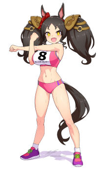 +_+ 1girl animal_ears artist_name black_hair breasts buruma colored_shadow commentary cross-body_stretch drill_hair drill_sidelocks ear_ornament ear_scrunchie english_commentary fang full_body horse_ears horse_girl horse_tail large_breasts legs long_hair looking_at_viewer marvelous_sunday_(umamusume) midriff navel open_mouth original_race_uniform_(umamusume) pink_sports_bra race_bib red_buruma red_scrunchie revenantart scrunchie shadow shoes shortstack side_drill sidelocks signature simple_background smile sneakers socks solo sports_bikini sports_bra standing stretching tail thighs tracen_training_uniform track_and_field track_uniform twintails umamusume white_background white_socks white_sports_bra yellow_eyes