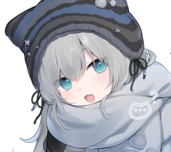 Rule 34 | 1girl, :3, ?, amashiro natsuki, aqua eyes, beanie, black hat, commentary, fang, grey hair, grey scarf, hair between eyes, hat, indie virtual youtuber, long hair, looking at viewer, nachoneko, open mouth, portrait, scarf, simple background, smile, solo, untranslatable commentary, virtual youtuber, white background, winter clothes