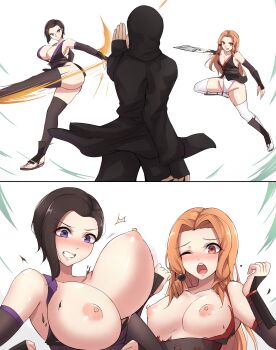 1boy 2girls 2koma absurdres black_hair black_kimono blush bouncing_breasts breasts breasts_out brown_hair challengia cleavage clenched_teeth comic fighting_stance flat_chest foechan hair_ornament highres itachan japanese_clothes kicking kimono kunai large_breasts leotard long_hair mistynight multiple_girls nchans nchans_style ninja nipples one_eye_closed open_mouth panties purple_eyes revealing_clothes shoes short_hair simple_background small_breasts surprised teeth thighhighs throwing torn_clothes underwear weapon white_background