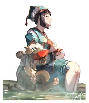 1girl absurdres black_hair cat eating furry highres monster_hunter_(series) monster_hunter_portable_3rd sasayu_(monster_hunter) short_hair sitting tagme teppu_tora