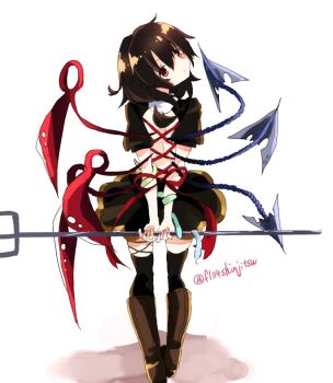 1girl arms_behind_back asymmetrical_wings back backless_dress backless_outfit black_dress black_thighhighs blue_wings boots brown_boots brown_hair closed_mouth commentary_request dress expressionless full_body holding holding_polearm holding_weapon houjuu_nue looking_at_viewer looking_back one-hour_drawing_challenge polearm red_eyes red_wings shinjitsu_no_kuchi short_hair short_sleeves simple_background snake solo standing thighhighs touhou trident twitter_username weapon white_background wings