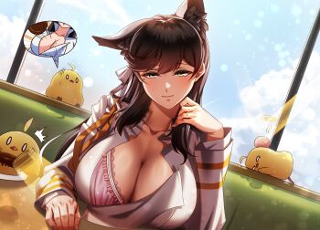 1girl :o ^^^ adjusting_hair animal_ears atago_(azur_lane) azur_lane baby_animal bird black_hair blue_sky bra breast_rest breasts breasts_on_table chick cleavage closed_mouth cloud collar commentary_request commission day dog_ears dog_girl dutch_angle epaulettes extra_ears fingernails flying_button food_request green_eyes hand_up highres jacket jewelry kagiyama_(clave) lace lace-trimmed_bra lace_trim large_breasts lens_flare light_particles long_hair long_sleeves looking_at_viewer manjuu_(azur_lane) military_jacket military_uniform mole mole_under_eye motion_blur open_mouth partially_unbuttoned pink_bra pixiv_commission plate popped_button ribbon ring single_ear_down sky smile speech_bubble sunlight sweatdrop swept_bangs underwear wedding_ring white_jacket white_ribbon window