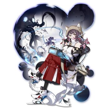 1girl 2girls animal_ears animal_hat arknights bare_shoulders bell black_gloves breasts brown-framed_eyewear brown_eyes brown_hair brown_hat crossed_legs deepcolor_(arknights) deepcolor_(melodic_portrayal)_(arknights) fake_animal_ears full_body glasses gloves hat high_heels highres holding holding_pen jacket large_breasts long_hair long_sleeves looking_at_viewer multicolored_hair multiple_girls off_shoulder official_alternate_costume official_art open_clothes open_mouth pants pantyhose pen pink_hair realmbw red_pants round_eyewear shirt shoes sitting sleeveless sleeveless_shirt smile solo solo_focus tentacles transparent_background turtleneck two-tone_hair white_background white_jacket white_shirt white_shoes yellow_eyes